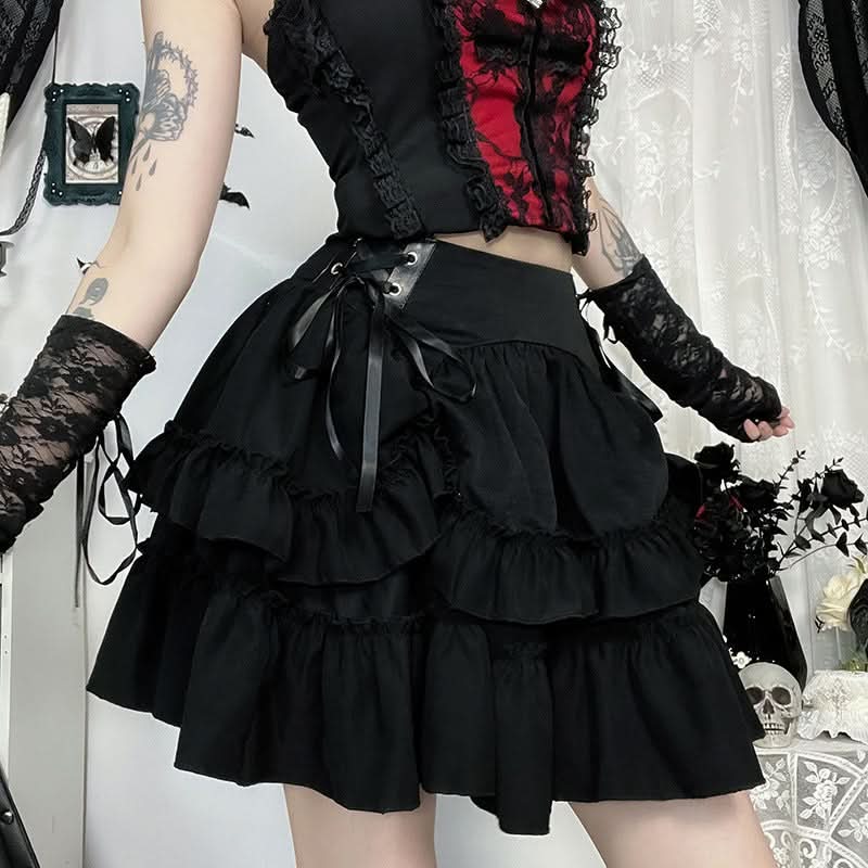 Gothic Black Ruffle Mini Skirt - Lace-Up Tiered Design for Spooky Season & Fall Fashion
