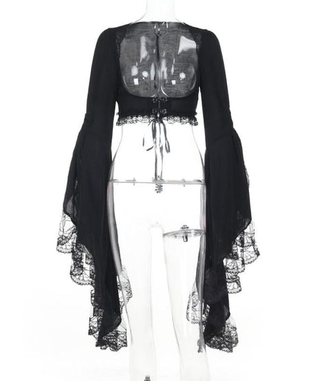 Enchanting Gothic Vampire Halloween Dress - Lace Bell Sleeve & Corset-Style Bodycon for Fall