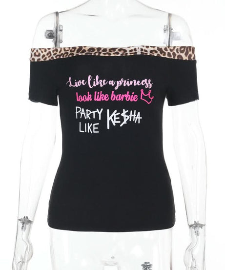 Sassy Leopard Trim Off-Shoulder Top: 'Princess, Barbie, Ke$ha' Graphic for Fall Parties & Halloween