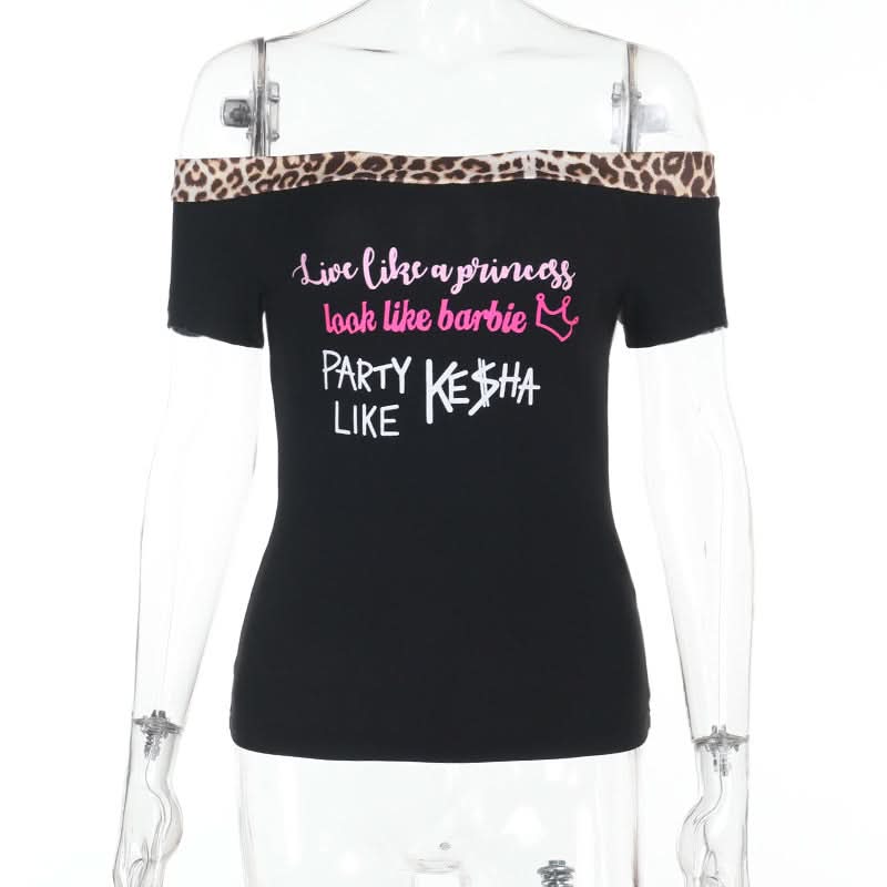 Sassy Leopard Trim Off-Shoulder Top: 'Princess, Barbie, Ke$ha' Graphic for Fall Parties & Halloween