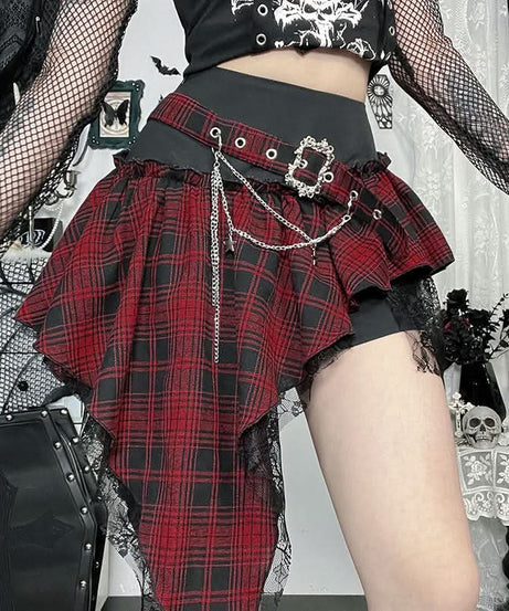 Gothic Plaid Asymmetrical Mini Skirt with Chain & Lace Trim | Fall & Halloween Ready
