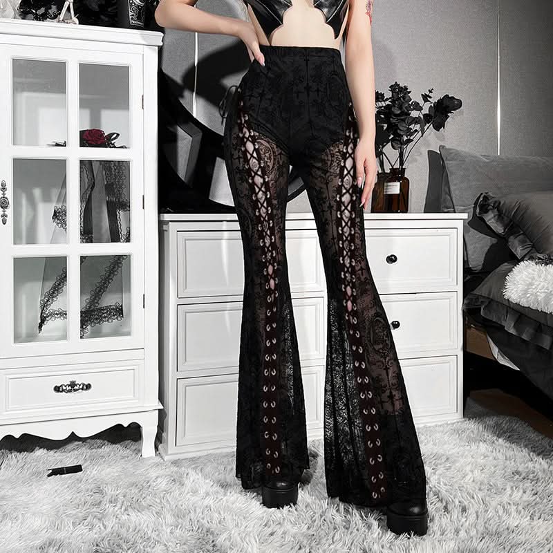 Gothic Black Lace Flare Pants: High-Waisted Bell Bottoms with Lace-Up Detail for Halloween & Fall Festivals