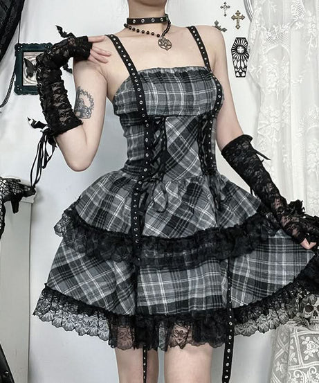 Rebel Plaid Corset Mini Dress - Gothic Grunge Alt Fashion for Fall & Halloween
