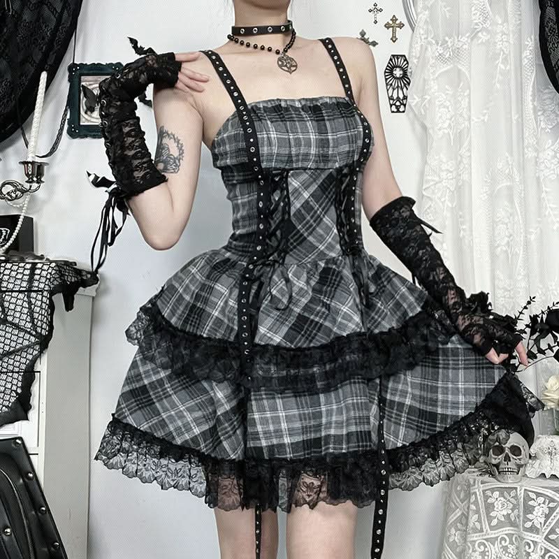 Rebel Plaid Corset Mini Dress - Gothic Grunge Alt Fashion for Fall & Halloween
