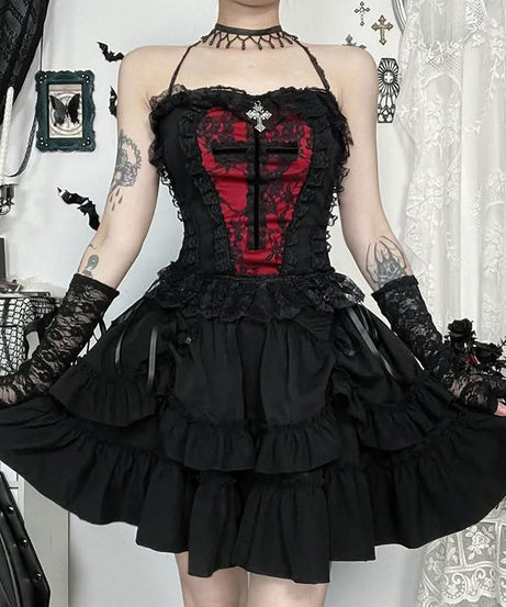 Gothic Black Ruffle Mini Skirt - Lace-Up Tiered Design for Spooky Season & Fall Fashion