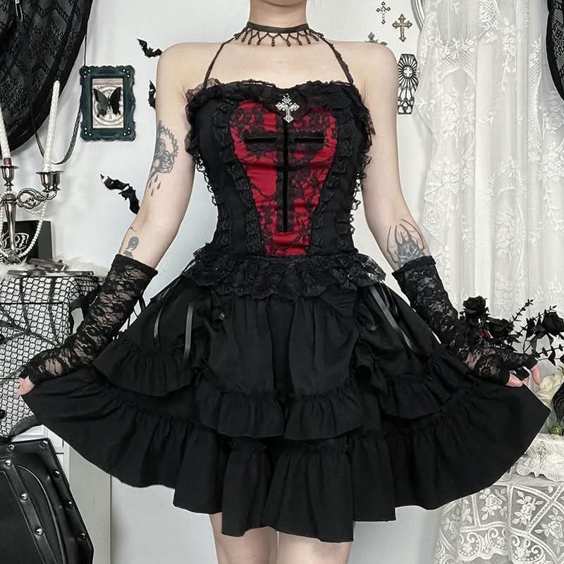Gothic Black Ruffle Mini Skirt - Lace-Up Tiered Design for Spooky Season & Fall Fashion