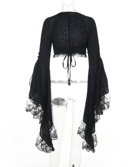 Enchanting Gothic Vampire Halloween Dress - Lace Bell Sleeve & Corset-Style Bodycon for Fall