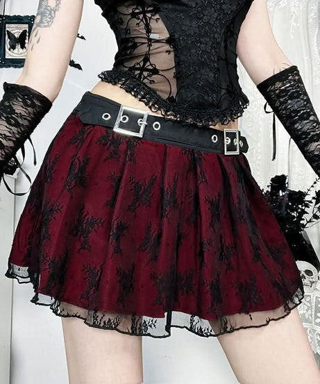 Gothic Romance Pleated Mini Skirt with Buckle Belt | Black Lace & Burgundy | Fall & Halloween Ready