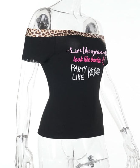 Sassy Leopard Trim Off-Shoulder Top: 'Princess, Barbie, Ke$ha' Graphic for Fall Parties & Halloween