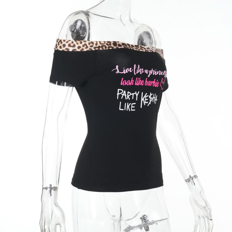 Sassy Leopard Trim Off-Shoulder Top: 'Princess, Barbie, Ke$ha' Graphic for Fall Parties & Halloween