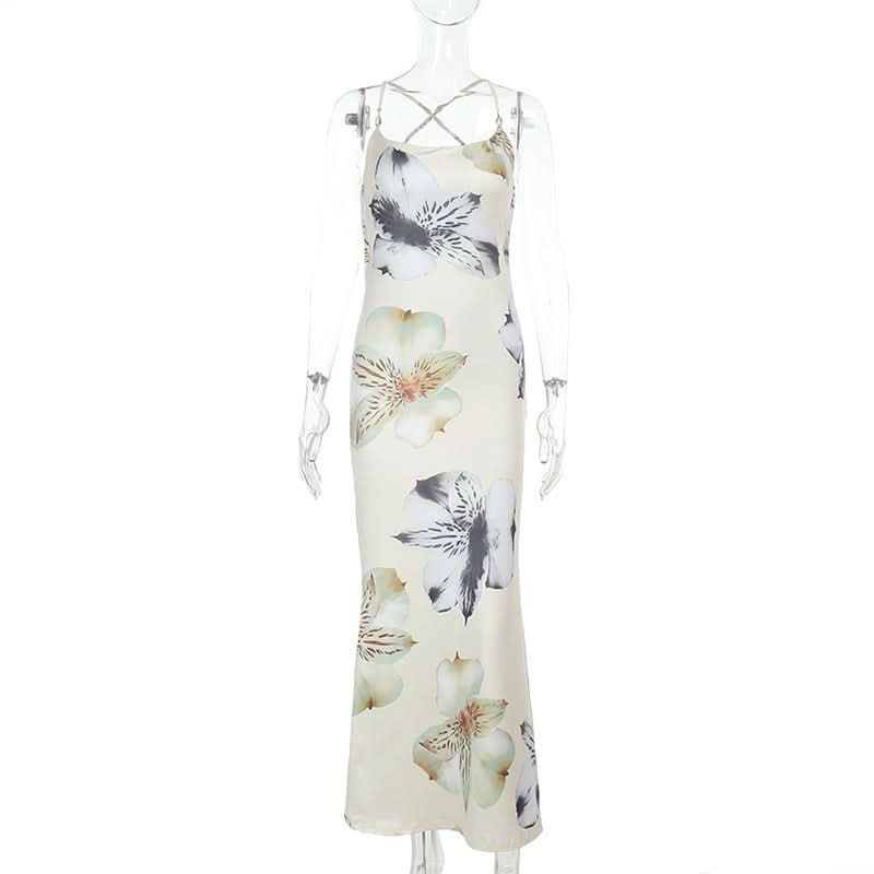 Dreamy Floral Cross-Back Maxi Dress - Silky Slip for Fall Events & Holiday Getaways