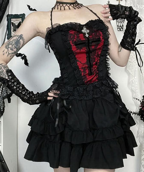 Gothic Black Ruffle Mini Skirt - Lace-Up Tiered Design for Spooky Season & Fall Fashion