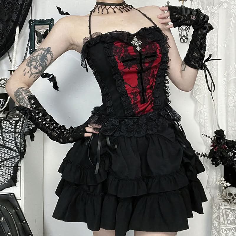 Gothic Black Ruffle Mini Skirt - Lace-Up Tiered Design for Spooky Season & Fall Fashion