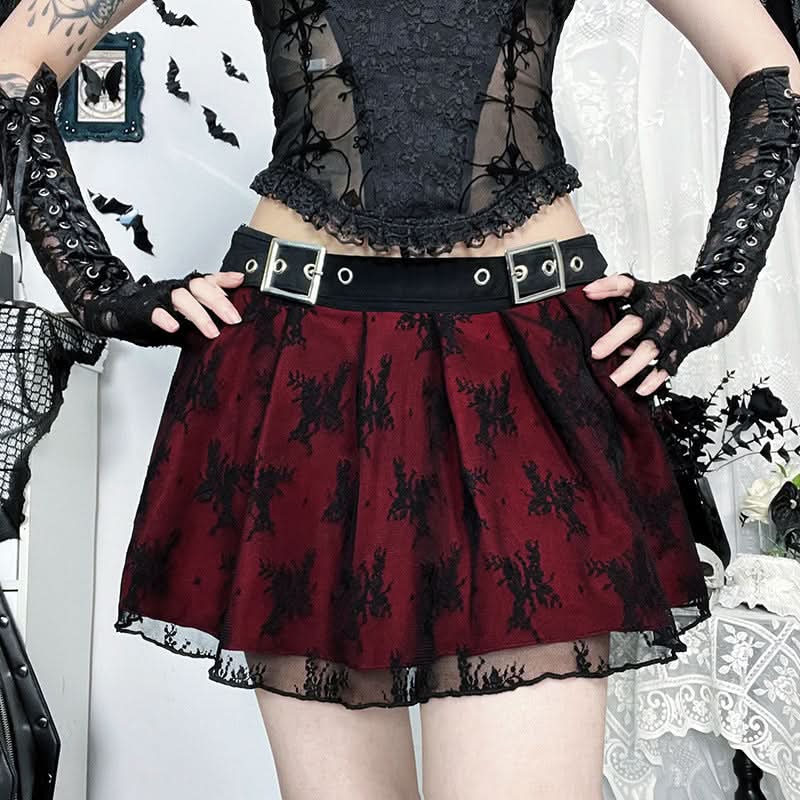 Gothic Romance Pleated Mini Skirt with Buckle Belt | Black Lace & Burgundy | Fall & Halloween Ready