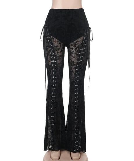 Gothic Black Lace Flare Pants: High-Waisted Bell Bottoms with Lace-Up Detail for Halloween & Fall Festivals