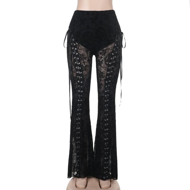 Gothic Black Lace Flare Pants: High-Waisted Bell Bottoms with Lace-Up Detail for Halloween & Fall Festivals