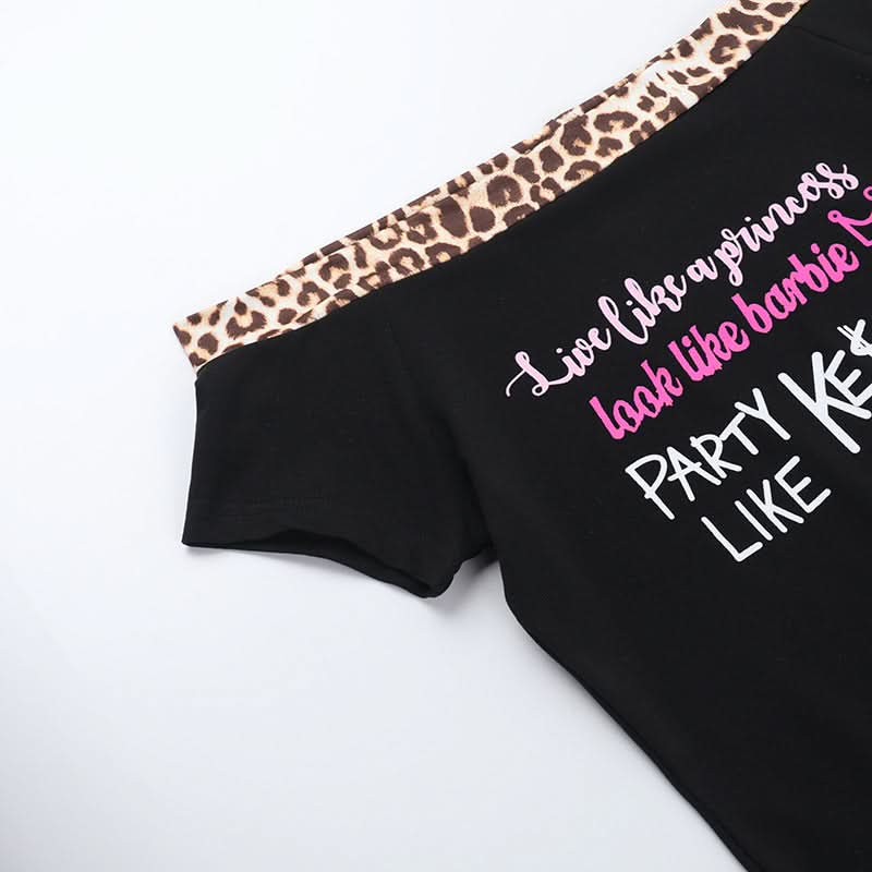 Sassy Leopard Trim Off-Shoulder Top: 'Princess, Barbie, Ke$ha' Graphic for Fall Parties & Halloween
