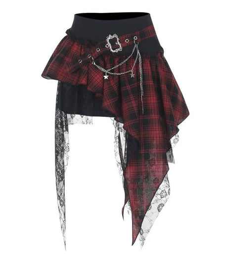 Gothic Plaid Asymmetrical Mini Skirt with Chain & Lace Trim | Fall & Halloween Ready