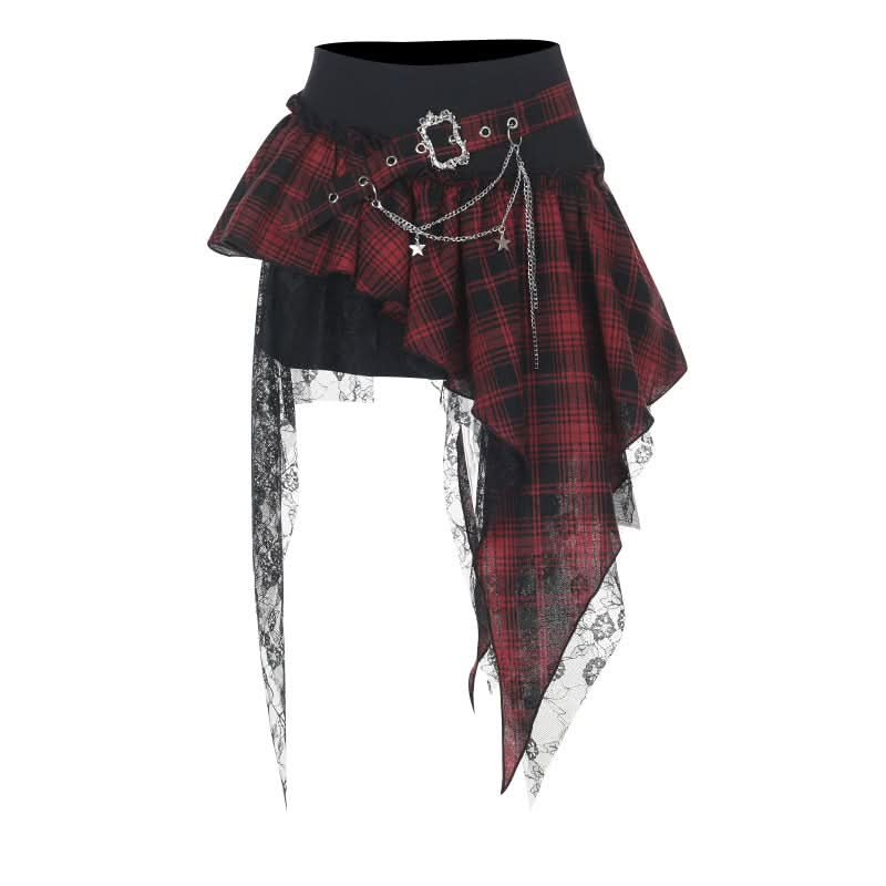 Gothic Plaid Asymmetrical Mini Skirt with Chain & Lace Trim | Fall & Halloween Ready