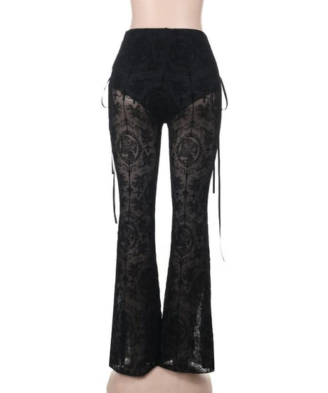 Gothic Black Lace Flare Pants: High-Waisted Bell Bottoms with Lace-Up Detail for Halloween & Fall Festivals