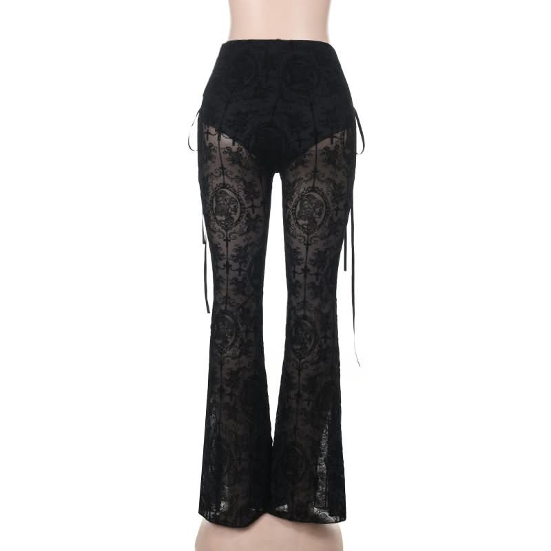 Gothic Black Lace Flare Pants: High-Waisted Bell Bottoms with Lace-Up Detail for Halloween & Fall Festivals