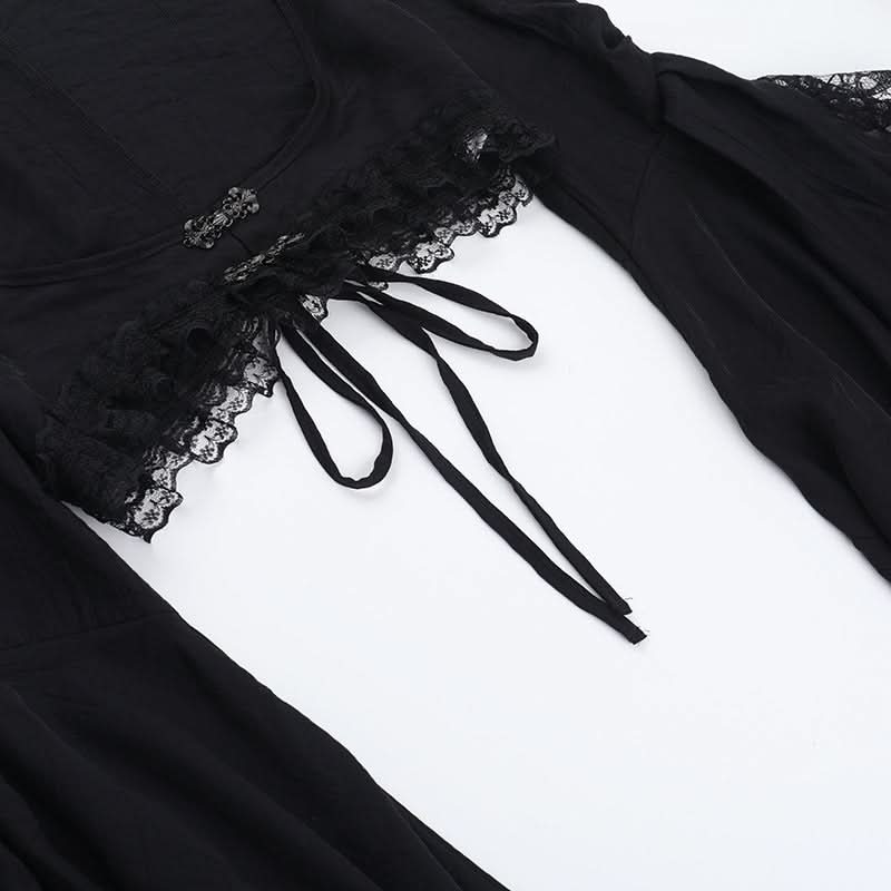 Enchanting Gothic Vampire Halloween Dress - Lace Bell Sleeve & Corset-Style Bodycon for Fall