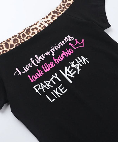 Sassy Leopard Trim Off-Shoulder Top: 'Princess, Barbie, Ke$ha' Graphic for Fall Parties & Halloween