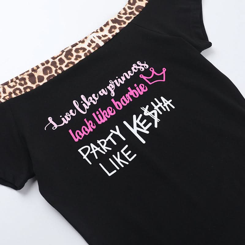 Sassy Leopard Trim Off-Shoulder Top: 'Princess, Barbie, Ke$ha' Graphic for Fall Parties & Halloween
