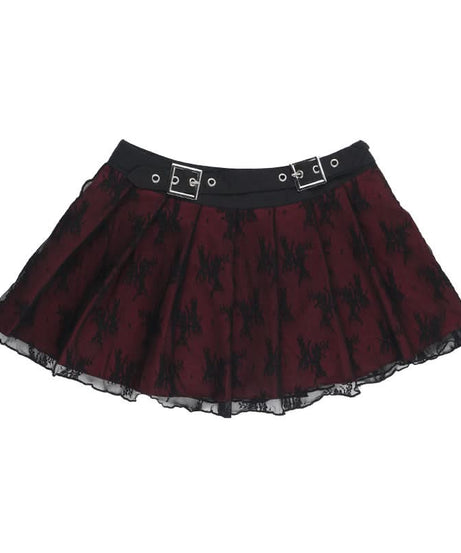 Gothic Romance Pleated Mini Skirt with Buckle Belt | Black Lace & Burgundy | Fall & Halloween Ready