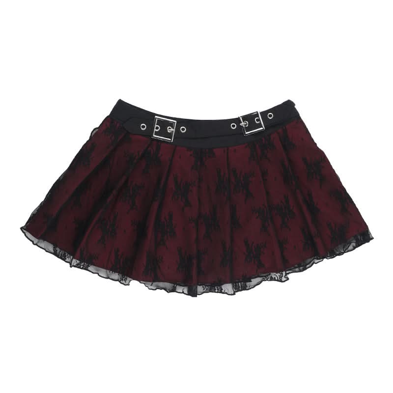 Gothic Romance Pleated Mini Skirt with Buckle Belt | Black Lace & Burgundy | Fall & Halloween Ready