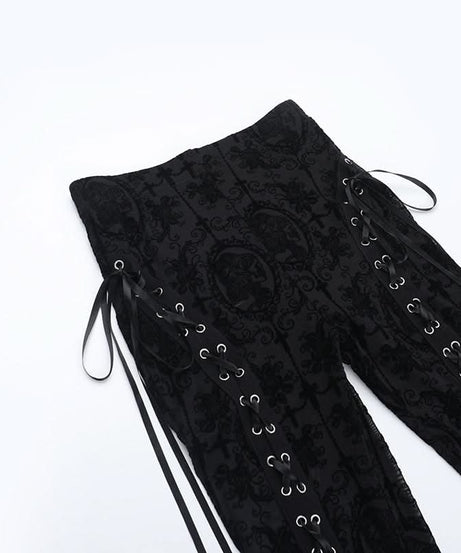 Gothic Black Lace Flare Pants: High-Waisted Bell Bottoms with Lace-Up Detail for Halloween & Fall Festivals
