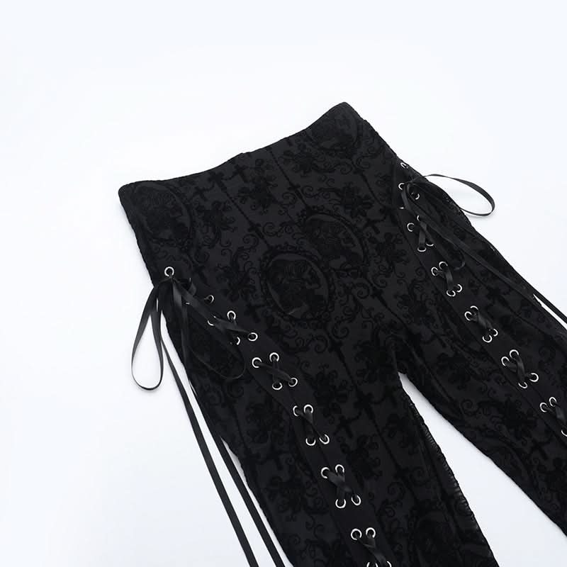 Gothic Black Lace Flare Pants: High-Waisted Bell Bottoms with Lace-Up Detail for Halloween & Fall Festivals