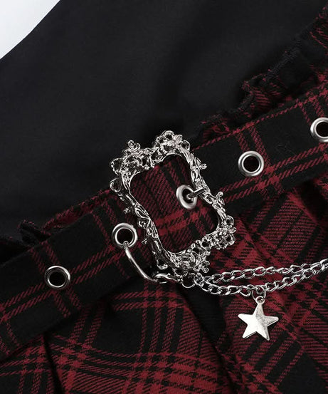 Gothic Plaid Asymmetrical Mini Skirt with Chain & Lace Trim | Fall & Halloween Ready