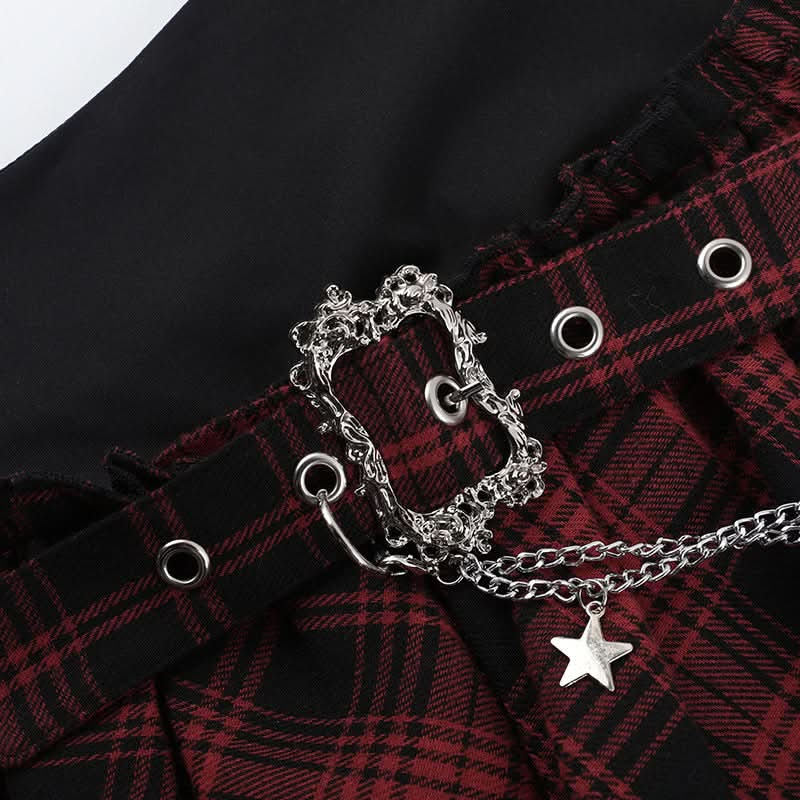 Gothic Plaid Asymmetrical Mini Skirt with Chain & Lace Trim | Fall & Halloween Ready