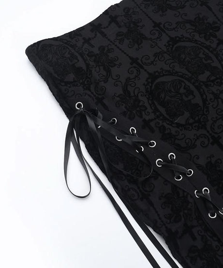 Gothic Black Lace Flare Pants: High-Waisted Bell Bottoms with Lace-Up Detail for Halloween & Fall Festivals