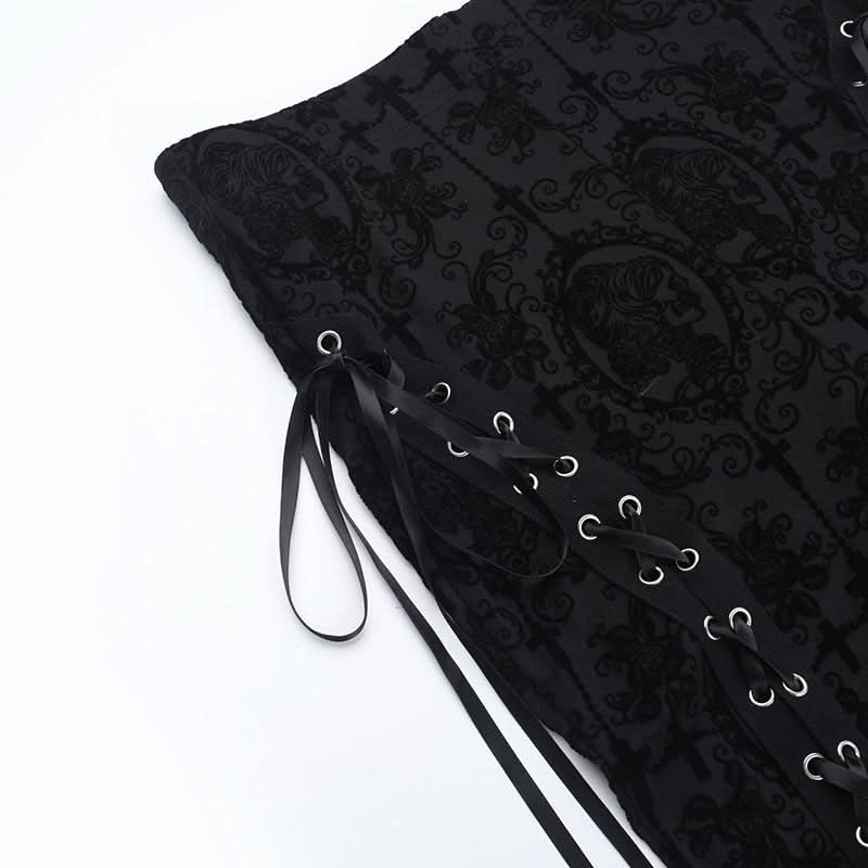 Gothic Black Lace Flare Pants: High-Waisted Bell Bottoms with Lace-Up Detail for Halloween & Fall Festivals