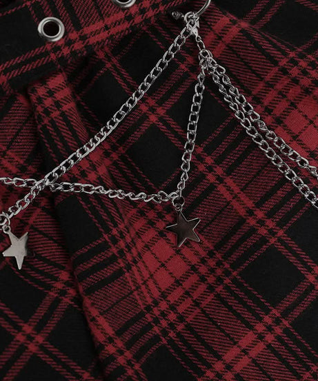 Gothic Plaid Asymmetrical Mini Skirt with Chain & Lace Trim | Fall & Halloween Ready