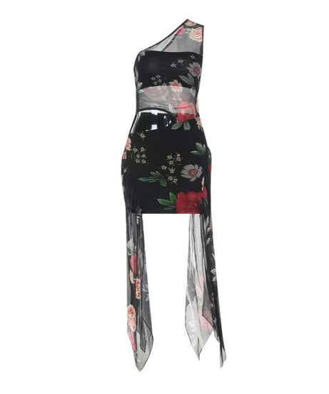 Sultry Bloom One-Shoulder Mesh Mini Dress - Floral Cutout & Sheer Train for Fall Nights