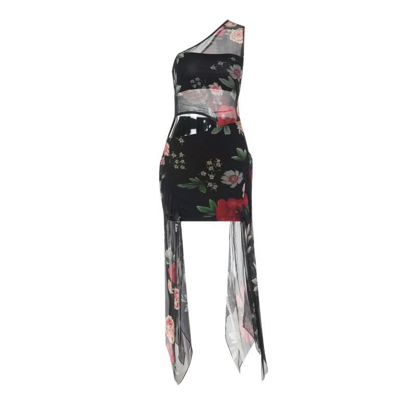 Sultry Bloom One-Shoulder Mesh Mini Dress - Floral Cutout & Sheer Train for Fall Nights
