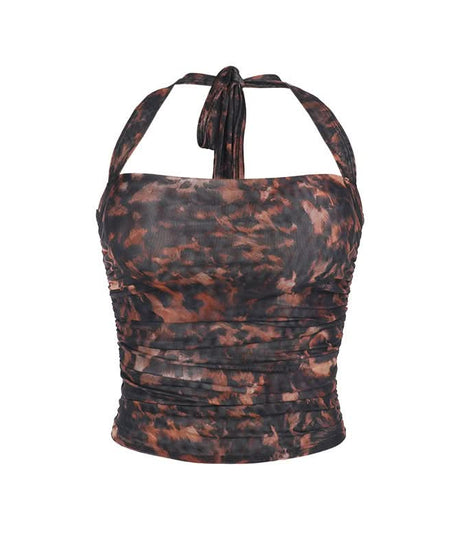 Trendy Ruched Abstract Mesh Halter Crop Top - Fall Ready Style