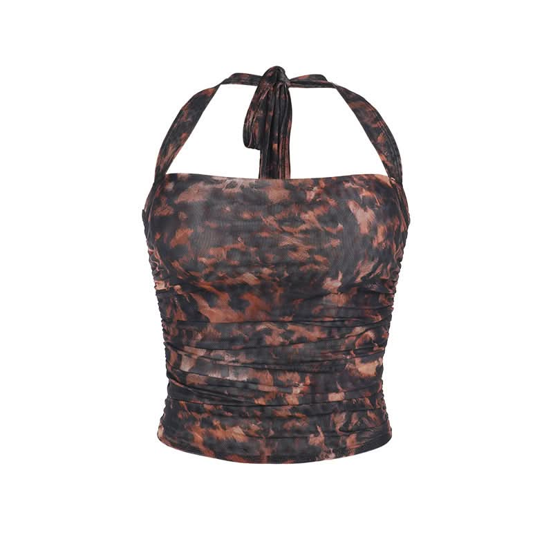 Trendy Ruched Abstract Mesh Halter Crop Top - Fall Ready Style