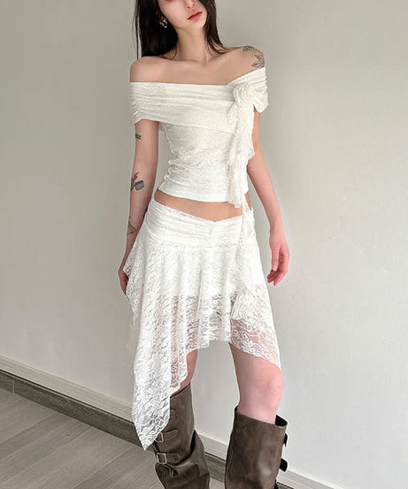 Enchanted Autumn Dream: Fairycore Lace Off-Shoulder Top & Asymmetrical Skirt Set