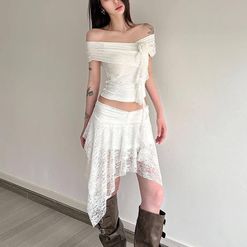 Enchanted Autumn Dream: Fairycore Lace Off-Shoulder Top & Asymmetrical Skirt Set