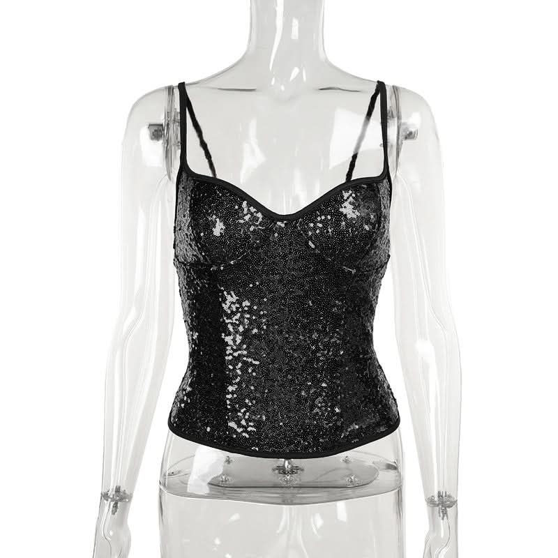 Dazzling Black Sequin Sweetheart Cami Top - Your Ultimate Holiday Party & NYE Sparkle