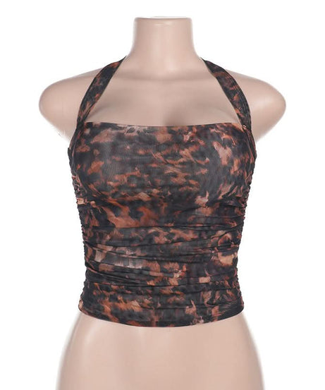 Trendy Ruched Abstract Mesh Halter Crop Top - Fall Ready Style