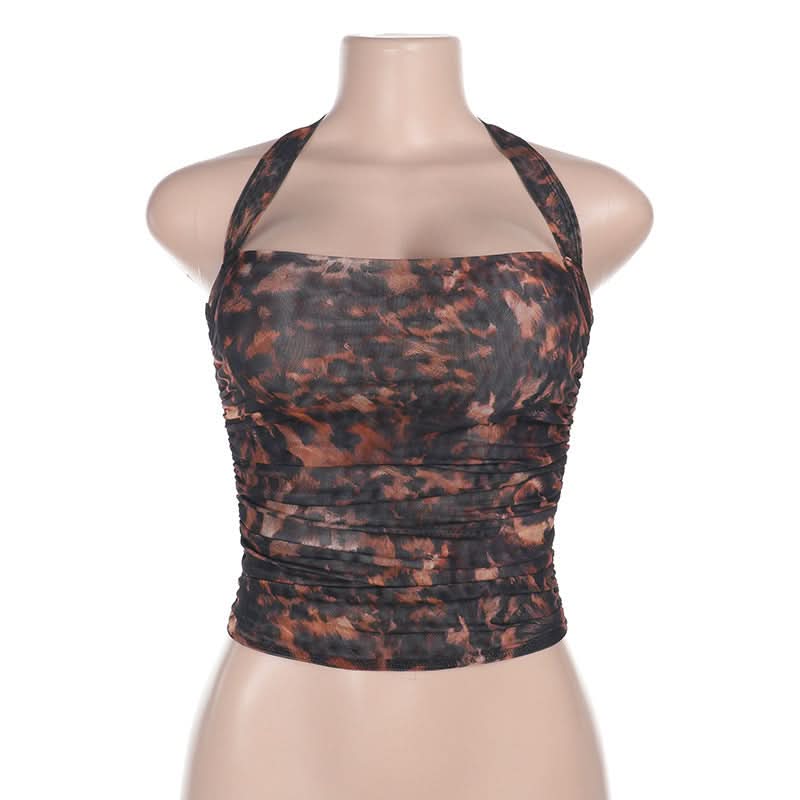 Trendy Ruched Abstract Mesh Halter Crop Top - Fall Ready Style