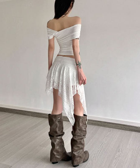 Enchanted Autumn Dream: Fairycore Lace Off-Shoulder Top & Asymmetrical Skirt Set