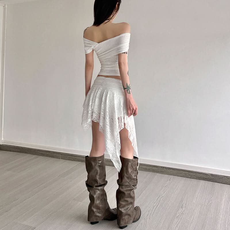 Enchanted Autumn Dream: Fairycore Lace Off-Shoulder Top & Asymmetrical Skirt Set