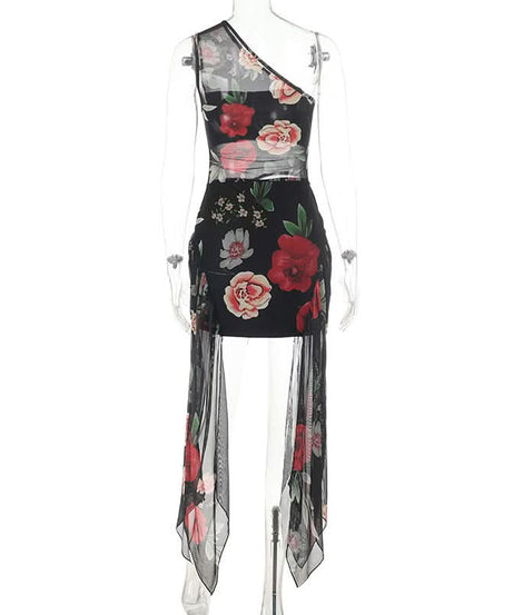 Sultry Bloom One-Shoulder Mesh Mini Dress - Floral Cutout & Sheer Train for Fall Nights