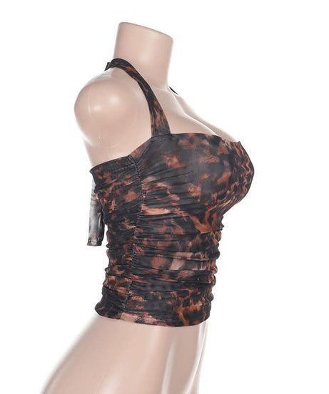 Trendy Ruched Abstract Mesh Halter Crop Top - Fall Ready Style